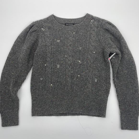 NWOT SOMETHING NAVY Grey Jewel Deco Cable Sweater Womens Siz L Knit Top Crew - Picture 1 of 7